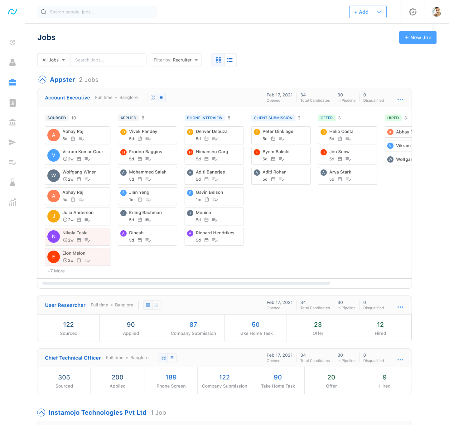 Recruiter dashboard homepage screenshot